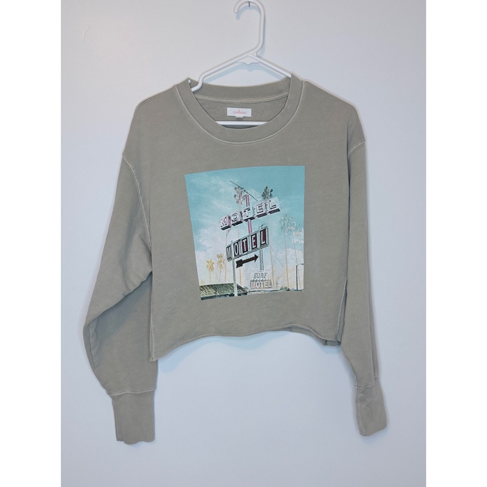 Colsie Motel Graphic Cropped Sweatshirt Sage Green tan M